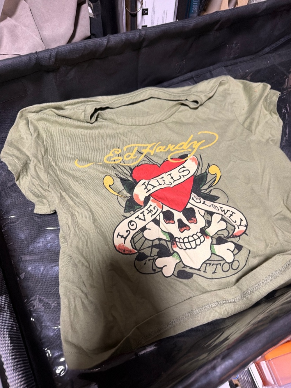 Ed Hardy Love Kills Slowly Olive Green Baby Tee Graphic Crop Top Y2K